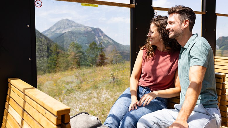 Pärchen blickt im Aussichtswagen auf die Landschaft